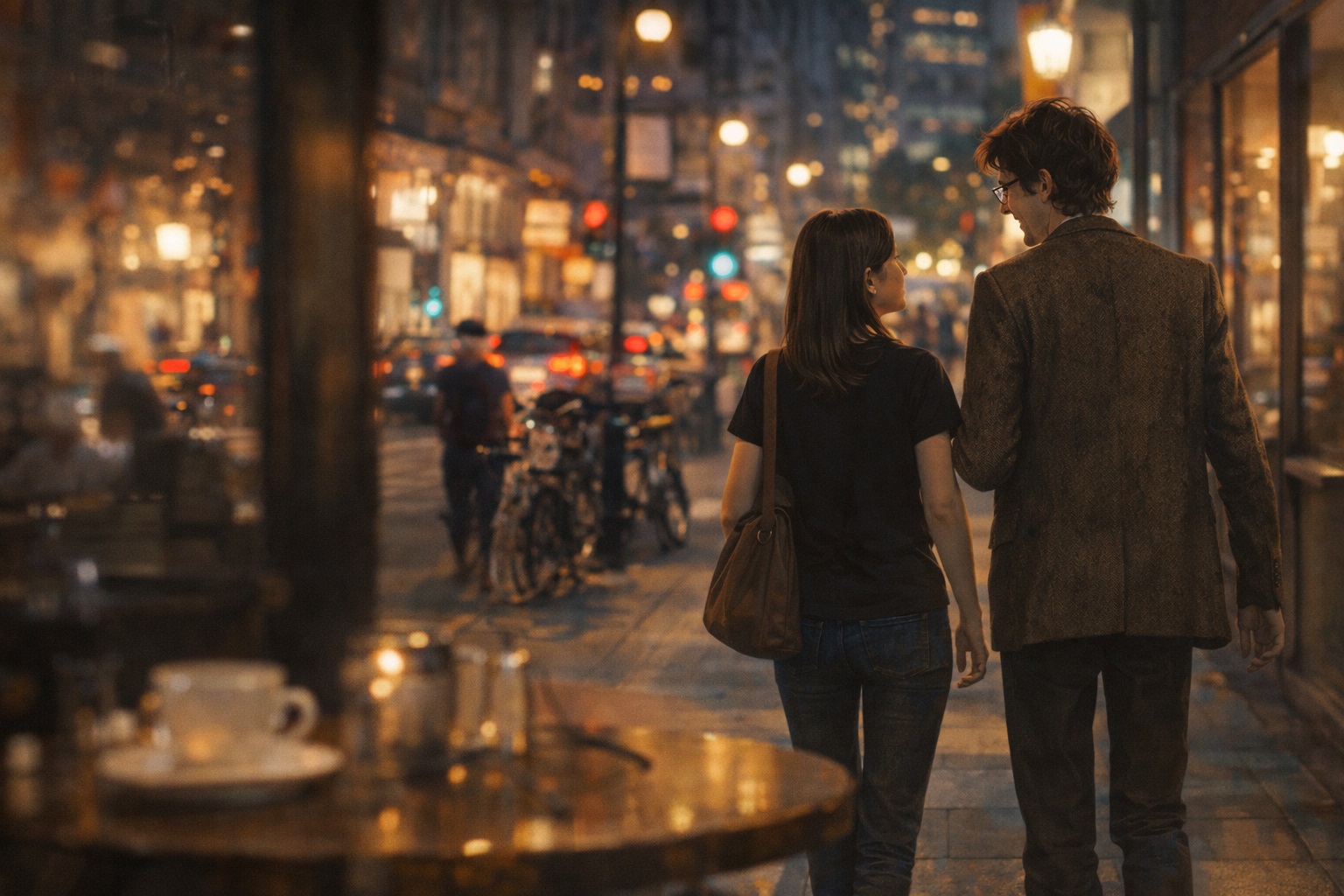 Cierre: vistos desde la cafetería, ambos caminan juntos por la ciudad de noche.