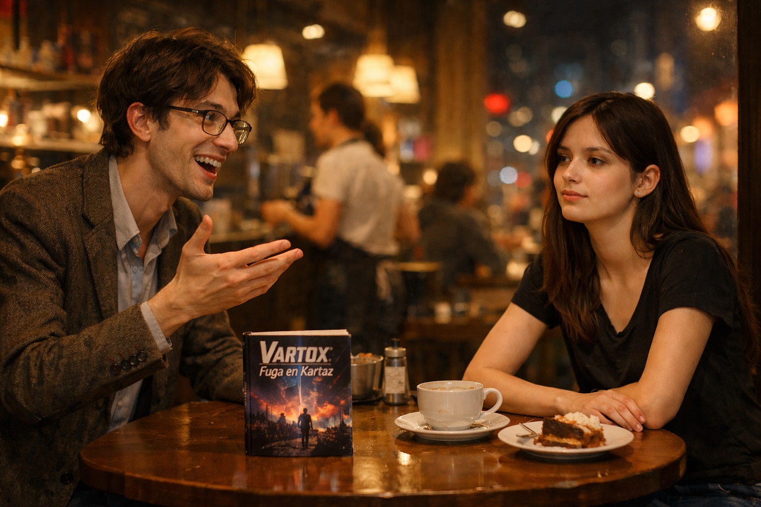 Portada: él hablando emocionado, ella con expresión ilegible en una cafetería nocturna.