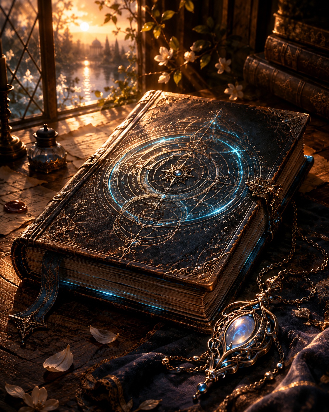 El libro de Venesteres cerrado junto a un antiguo colgante sobre una mesa iluminada por la luz del amanecer.