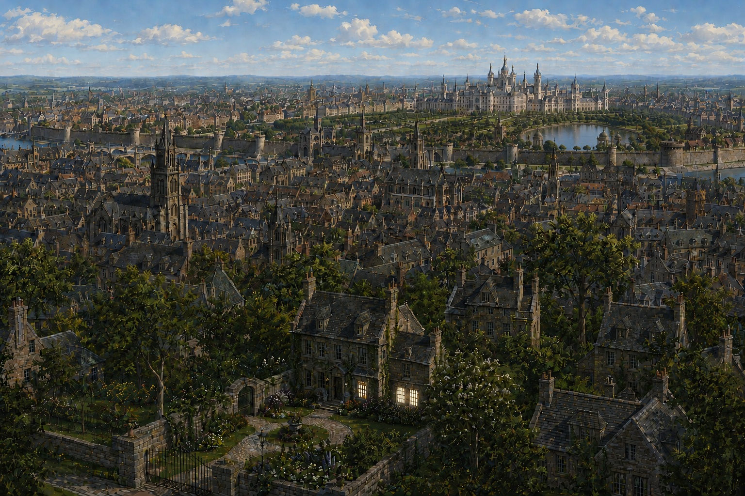 Vista panorámica de la ciudad, desde la residencia de Evasna hasta el castillo real y sus jardines. Una intensa luz emerge de las ventanas inferiores de la casa.