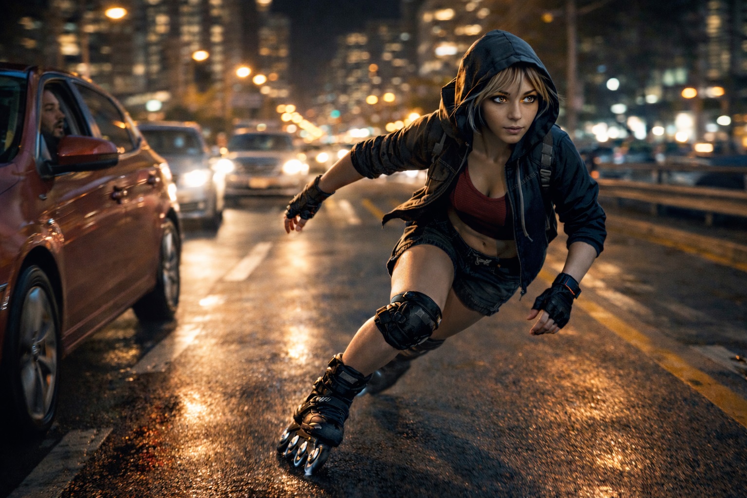 Joven patinando de noche por una avenida urbana iluminada, en movimiento entre las luces de la ciudad.