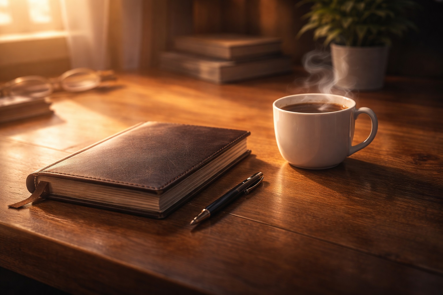 Cierre: diario cerrado sobre un escritorio, acompañado de una humeante taza de café.