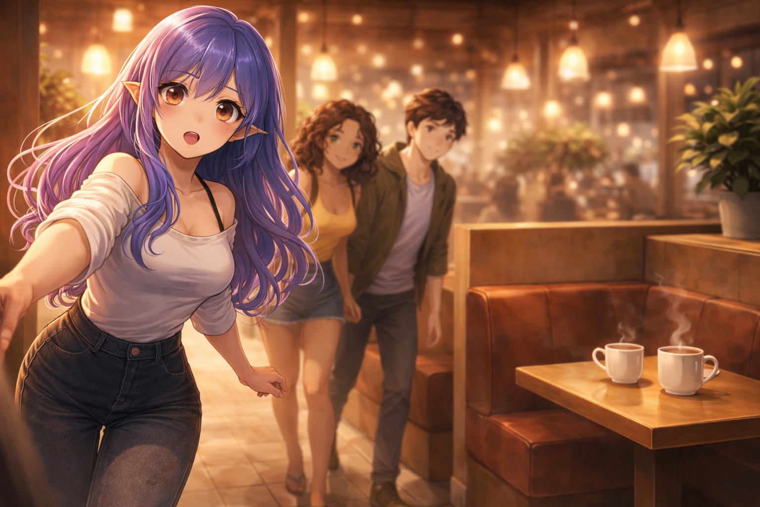 Portada: Taslia lleva emocionada a sus amigos hacia una mesa del café.