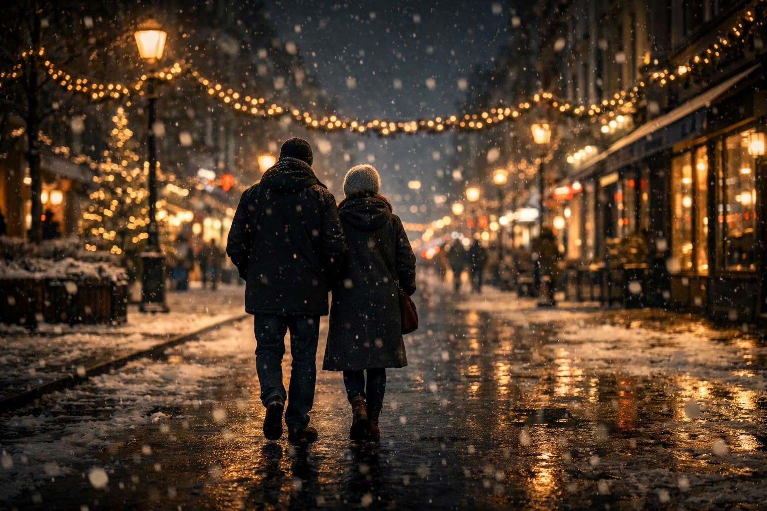 Dos personas caminan juntas por una ciudad iluminada en una noche de invierno, vistas de espaldas, mientras cae una nieve suave.